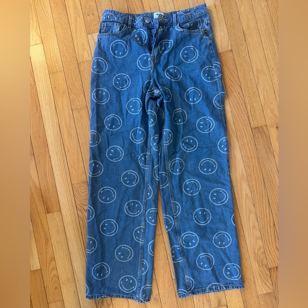 H&M Blue Straight Leg Jeans with Smiley Face Pattern